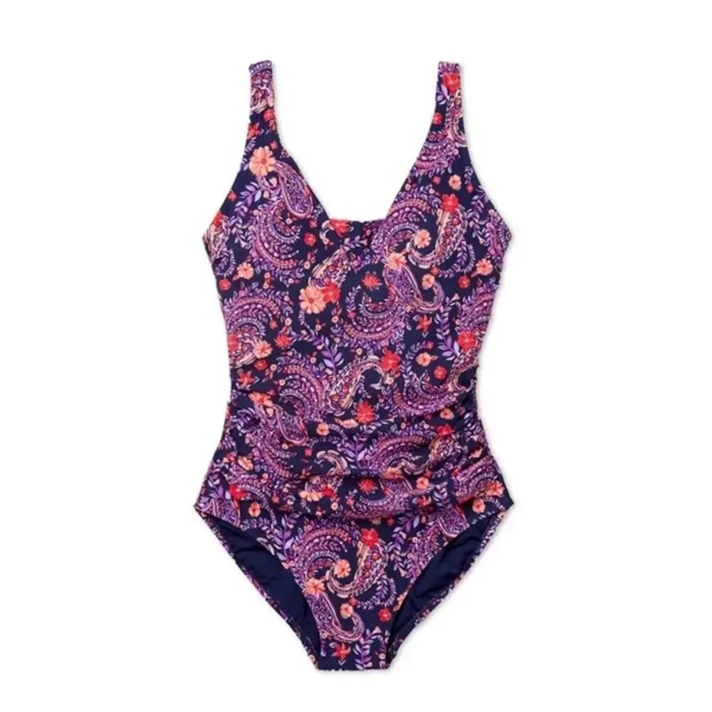 Lands' End Purple + Navy Blue Paisley Floral Print Ruched One Piece Swimsuit XS